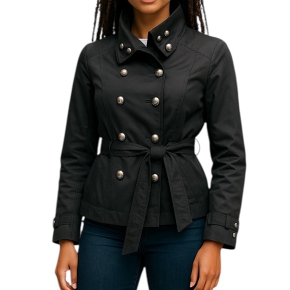 BLACK RIVET Double Breasted Short Trench Coat Jacket Black Sash Tie Belt Size M - Picture 1 of 14